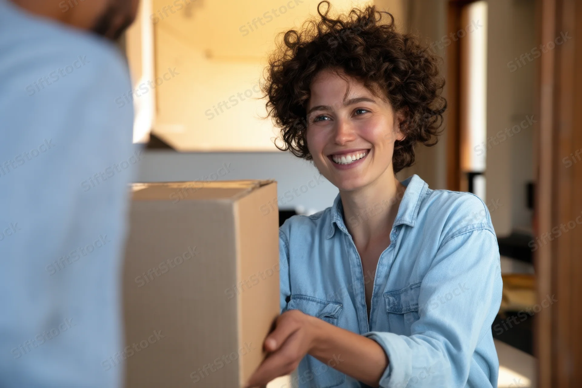 Woman smiling while receiving a cardboard package at home door
