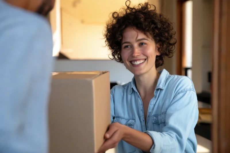 Woman smiling while receiving a cardboard package at home door