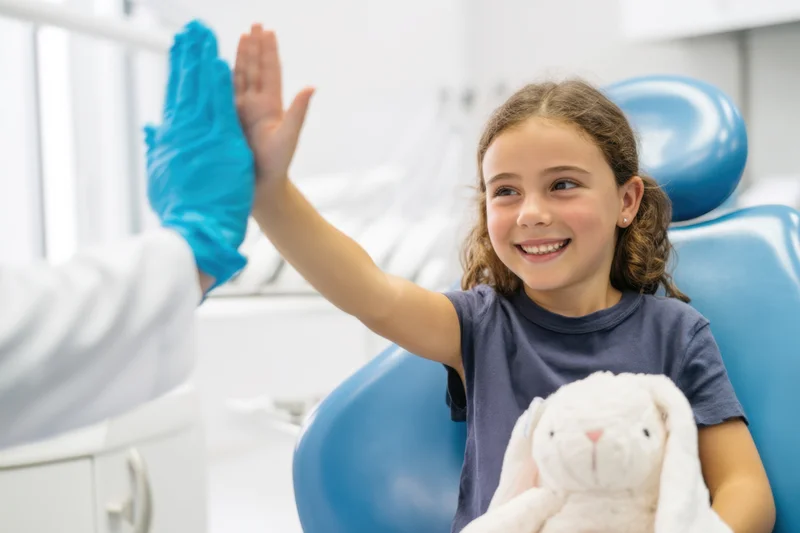 Young girl smiling and high-fiving dentist in dental clinic chair