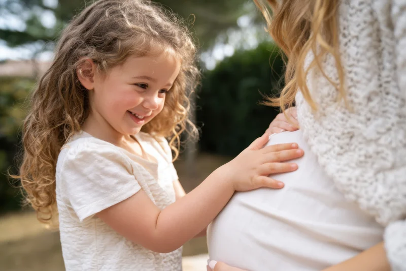 Young girl smiling and touching her pregnant mother's belly outdoors