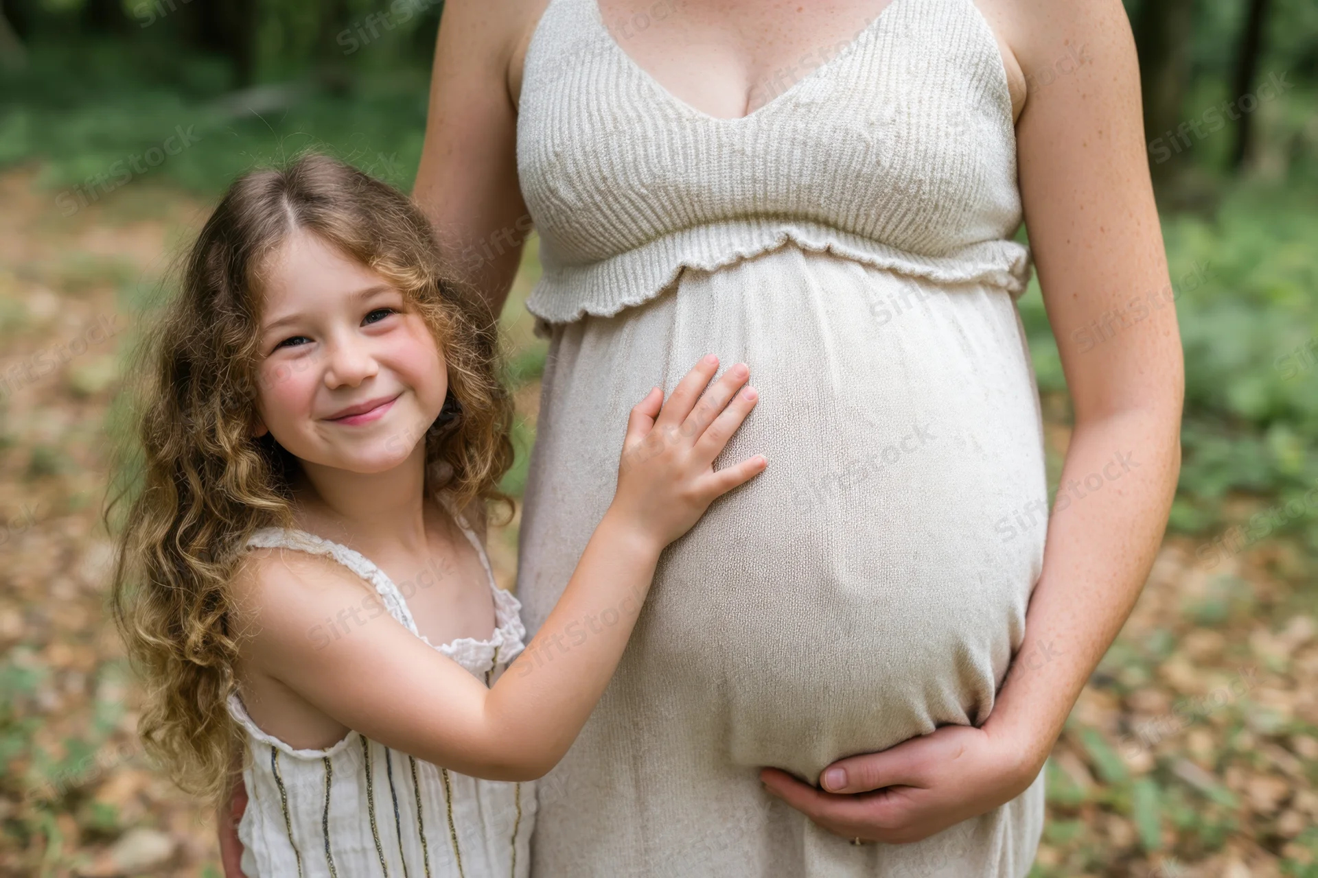 Young girl smiling and touching her pregnant mother's belly in a forest setting