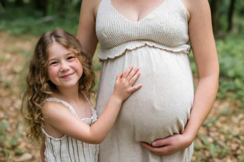 Young girl smiling and touching her pregnant mother's belly in a forest setting