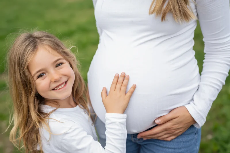 Young girl smiling and touching her pregnant mother's belly outdoors