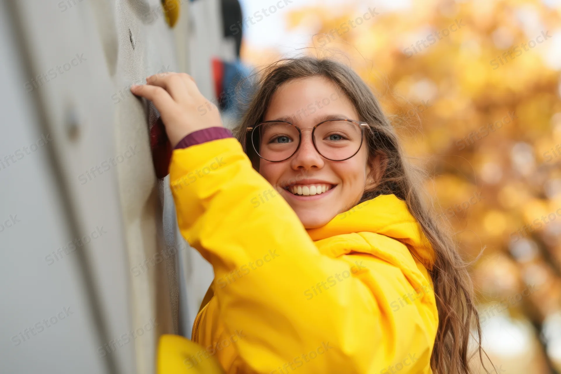 Young girl smiling while climbing a rock wall outdoors in autumn