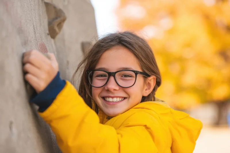 Smiling girl in yellow jacket climbing rock wall outdoors in autumn