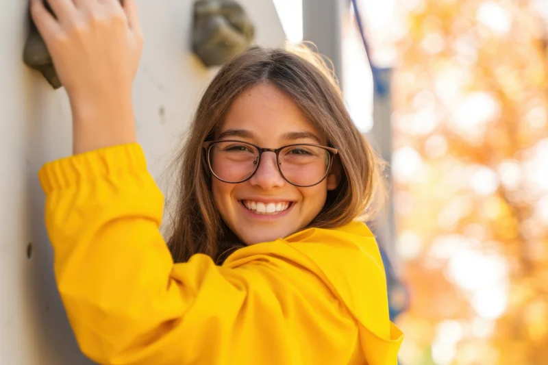 Smiling girl climbing a wall outdoors in autumn wearing yellow jacket and glasses