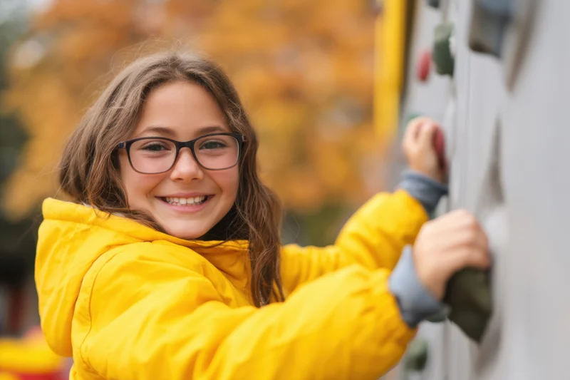Young girl smiling while climbing a rock wall outdoors in autumn