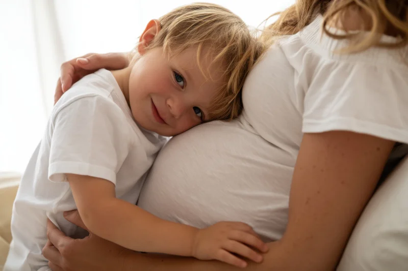 Young child hugging mother's arm while resting head on her shoulder in a bright bedroom