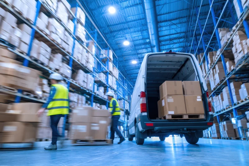 Workers loading boxes onto a van in a warehouse aisle