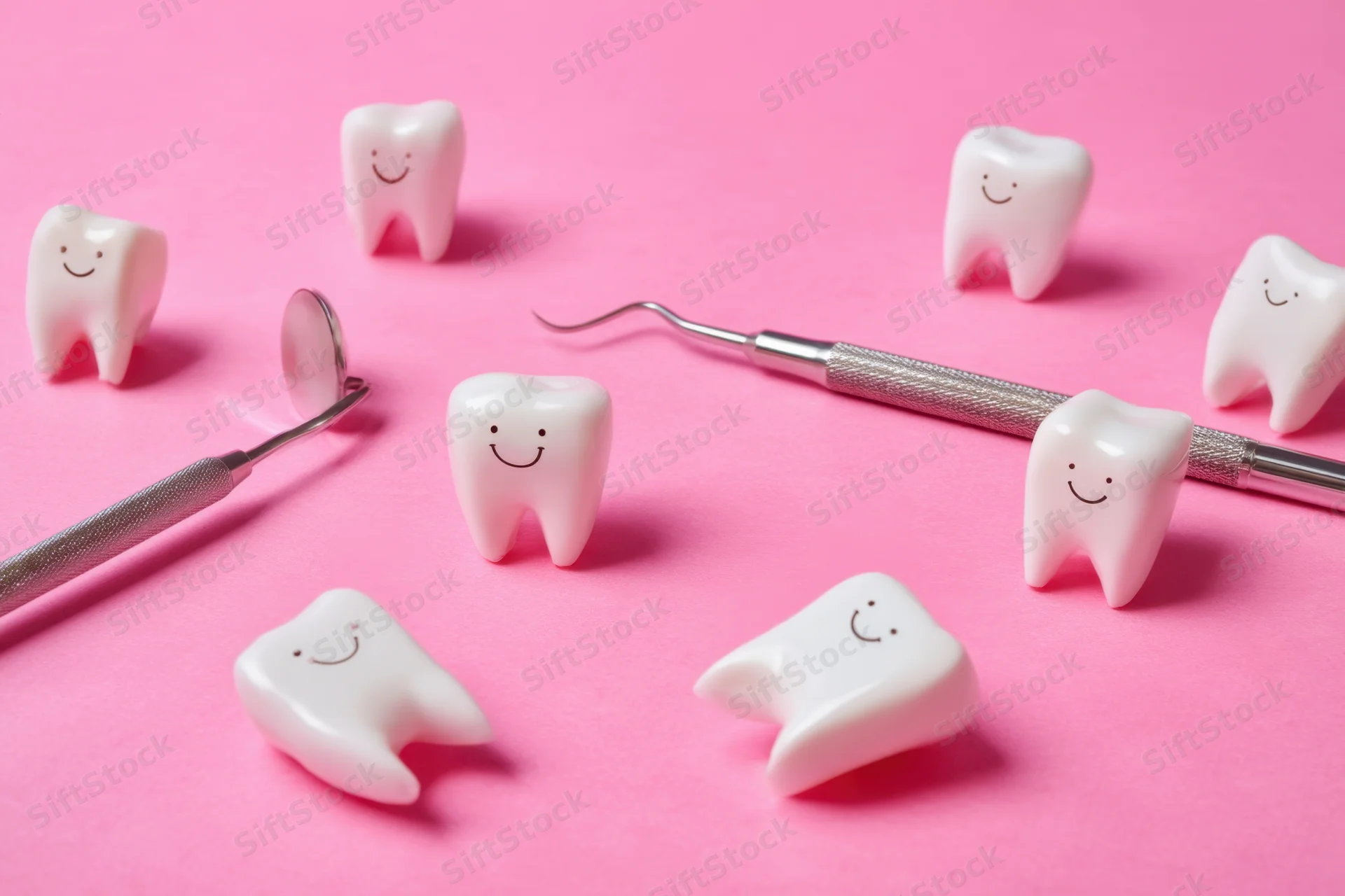 Smiling tooth models and dental tools arranged on a pink surface