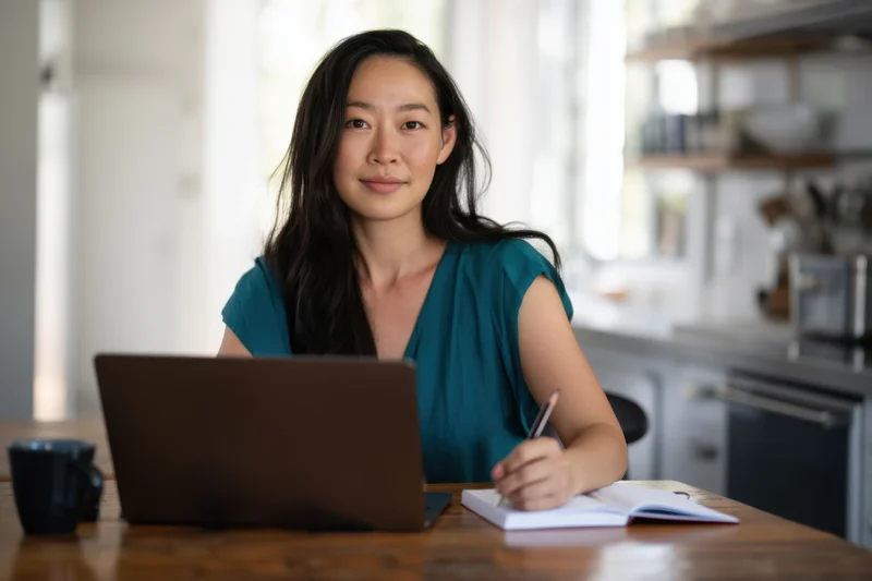 Woman writing in notebook at desk with laptop in kitchen home office