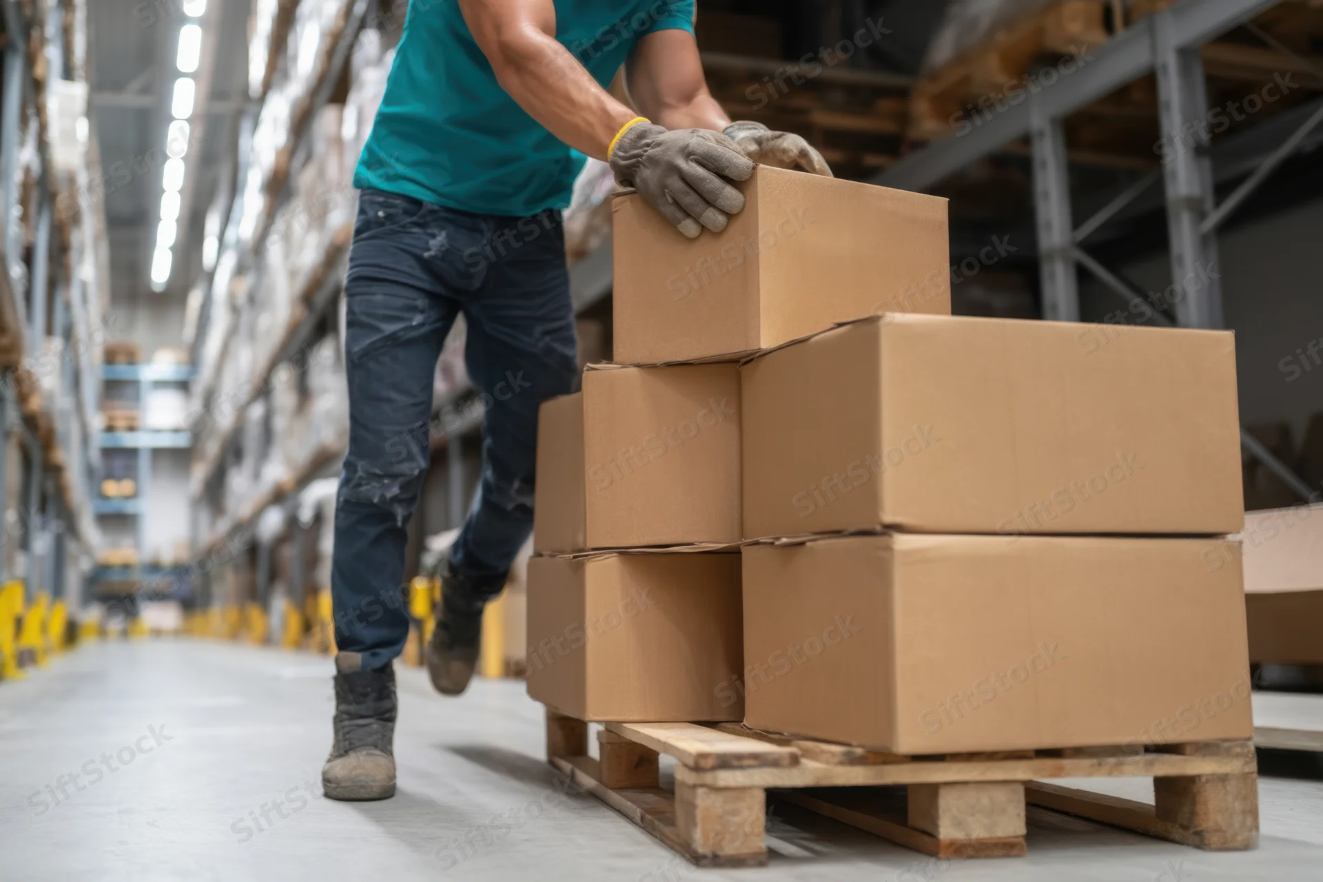 Worker pushing stack of cardboard boxes on pallet in warehouse aisle