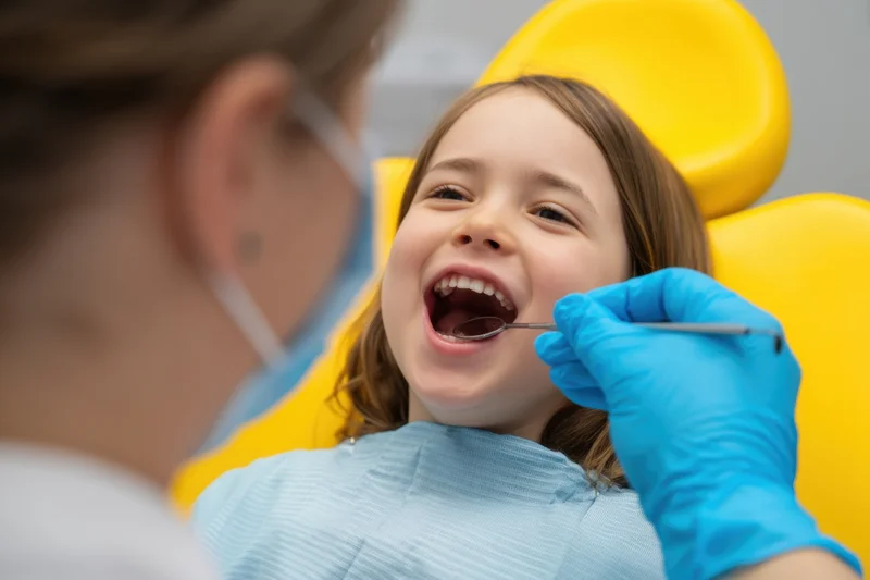 Young girl smiling during dental examination in a yellow chair