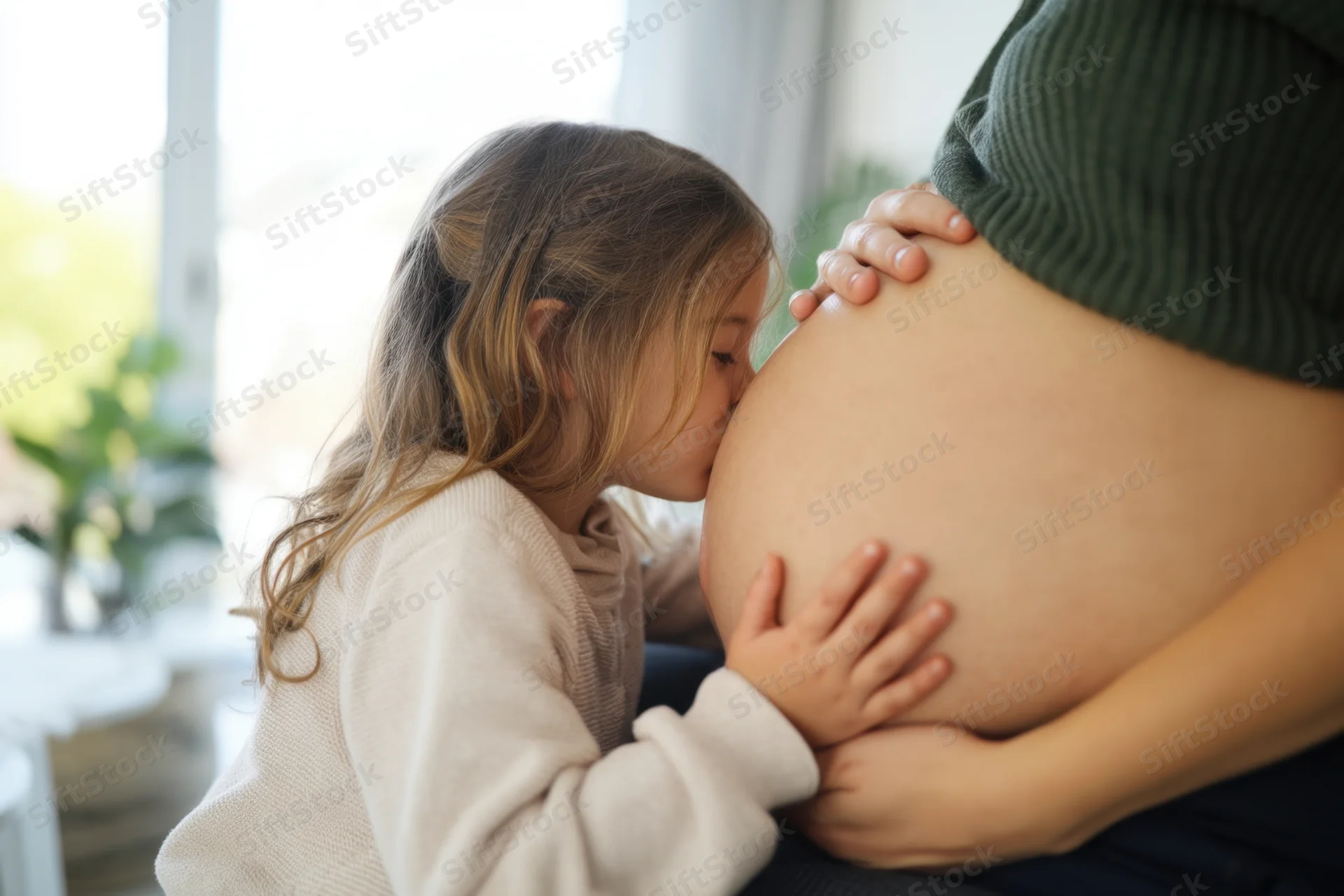 Young girl kissing pregnant woman's belly in a home setting