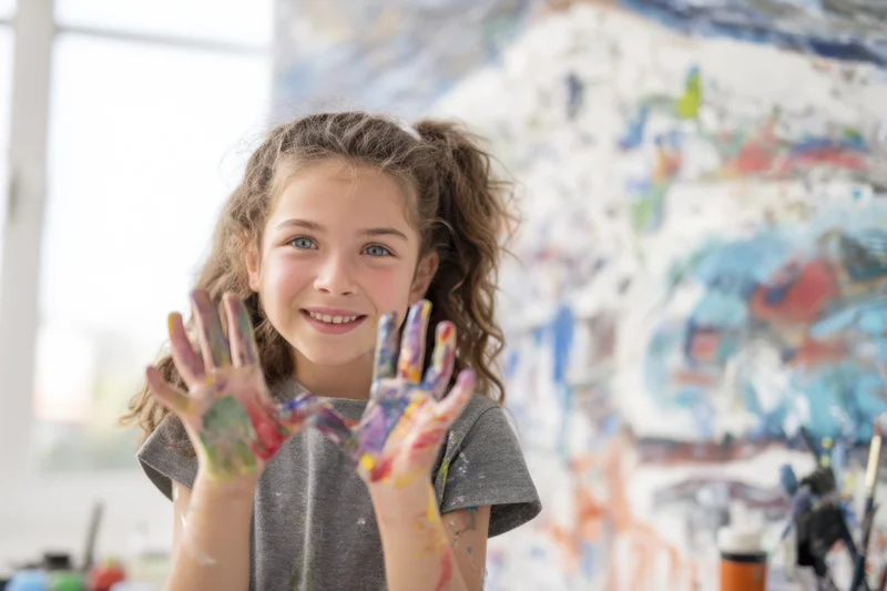 Young girl smiling with paint-covered hands in art studio