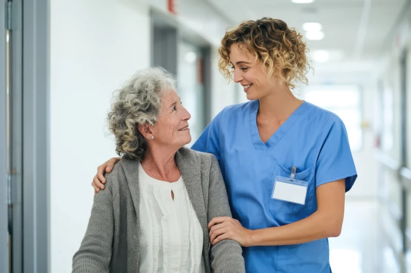 Nurse supporting senior woman while walking down hospital hallway