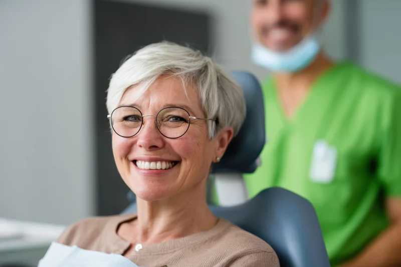 Smiling woman in dental chair with dentist in background