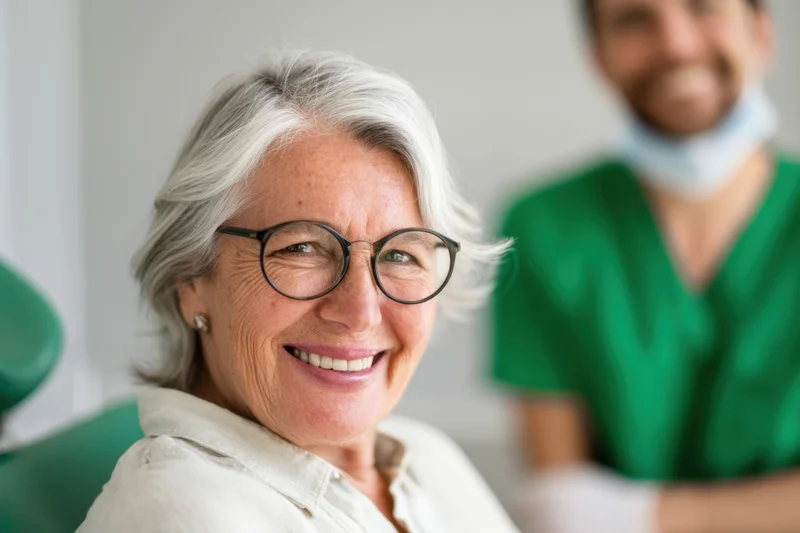 Senior woman smiling at camera in dental clinic with dentist in background