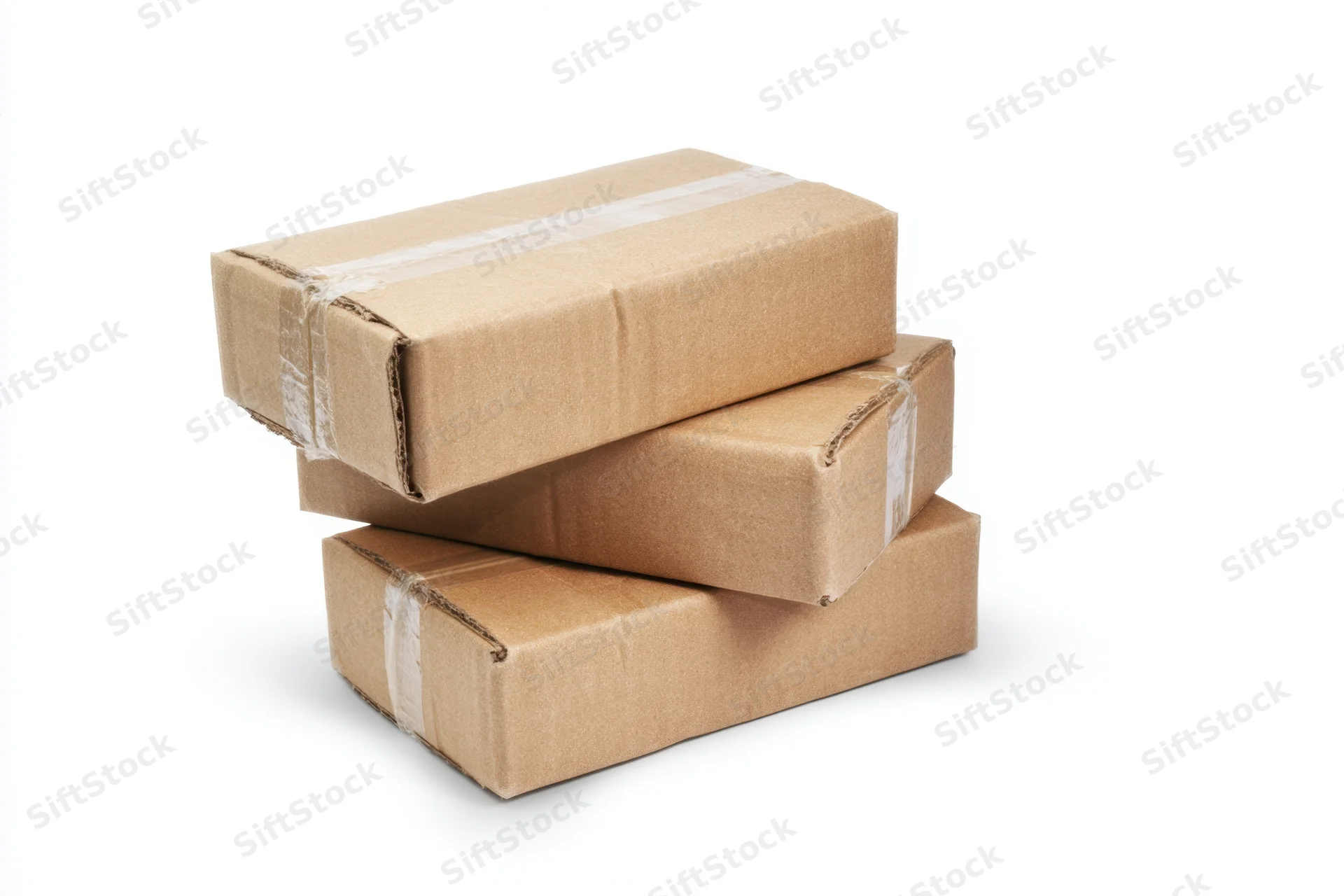 Three brown cardboard boxes stacked on a white background
