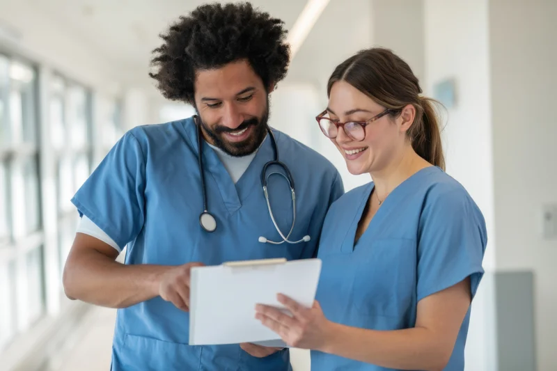 Two healthcare professionals in blue scrubs smiling while reviewing a clipboard in a hospital corridor