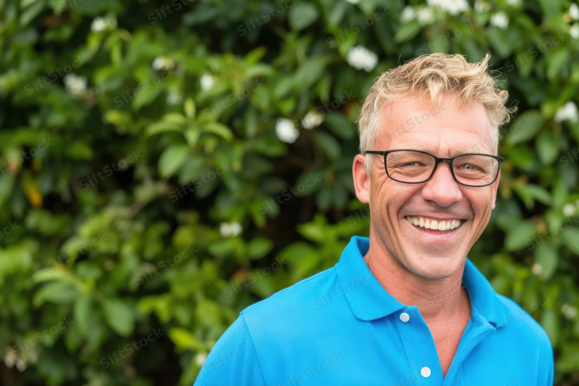 Smiling man in blue polo shirt outdoors with green foliage behind him