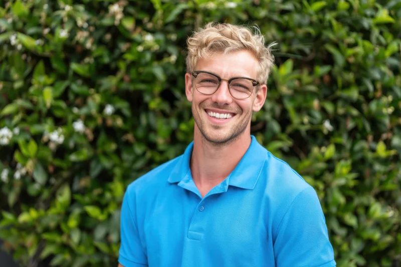 Smiling man in blue polo shirt wearing glasses outdoors in front of green hedge