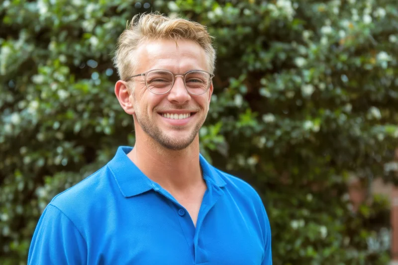 Smiling man in blue polo shirt outdoors with green foliage background