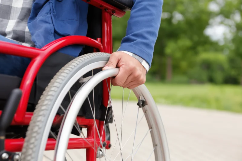 Person pushing wheelchair on paved path outdoors