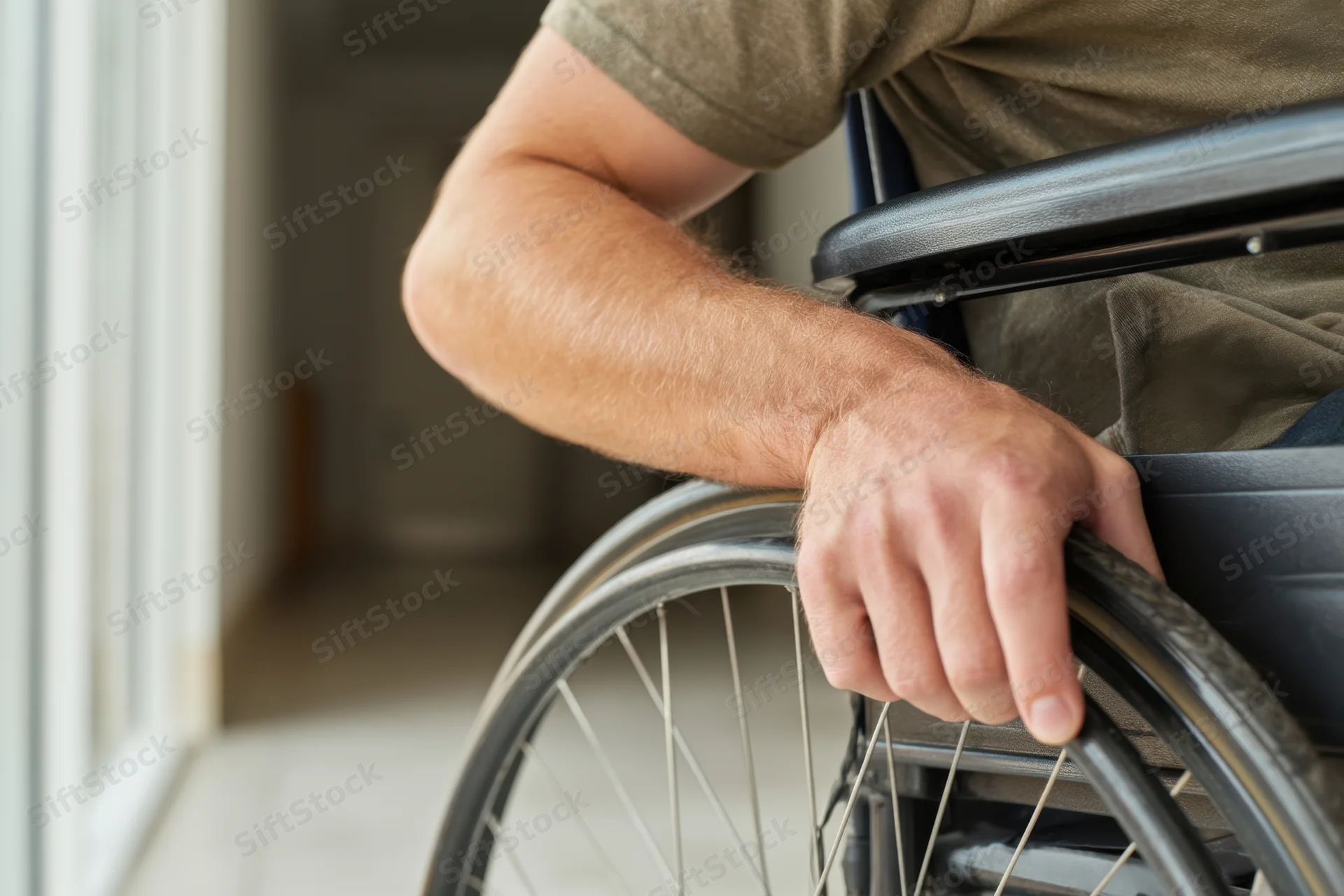 Man in wheelchair gripping wheel indoors near doorway
