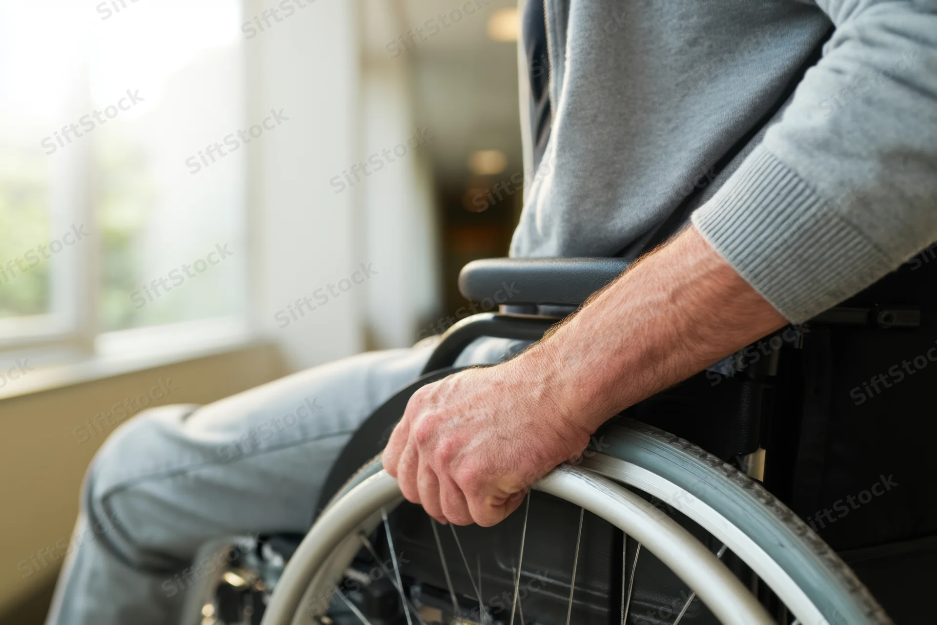 Man in wheelchair gripping wheel indoors near window