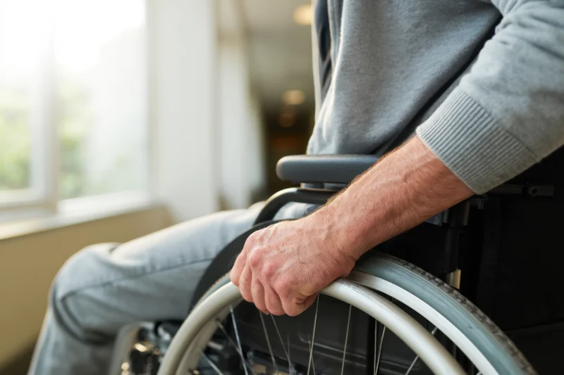 Man in wheelchair gripping wheel indoors near window