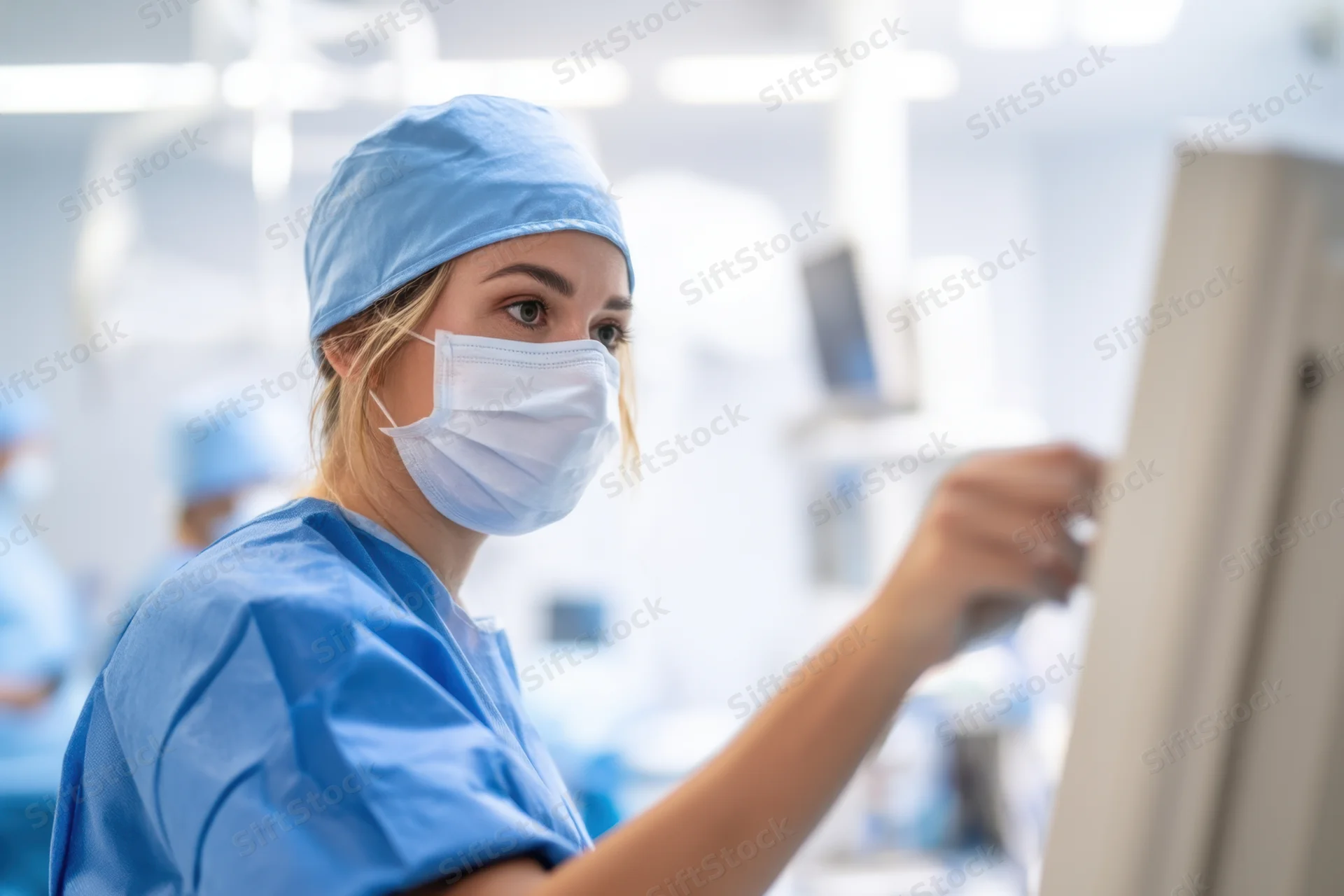 Female surgeon in blue scrubs concentrating on computer monitor in operating room