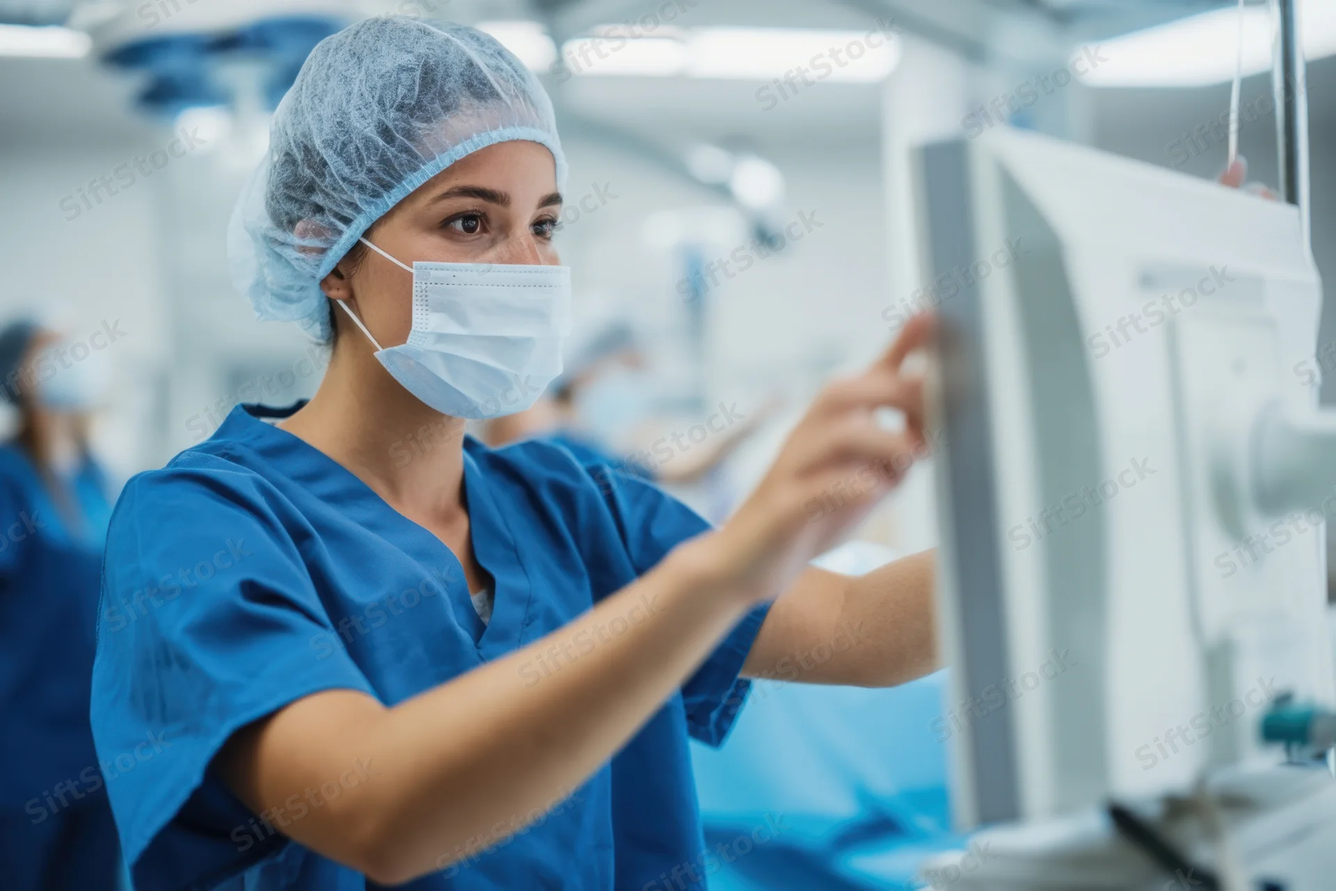 Female surgeon in blue scrubs concentrating on a monitor in an operating room