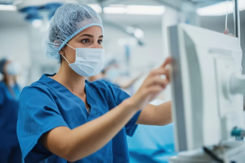 Female surgeon in blue scrubs concentrating on a monitor in an operating room
