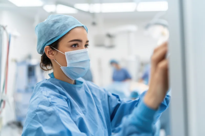 Female surgeon in blue scrubs concentrating during surgery in operating room
