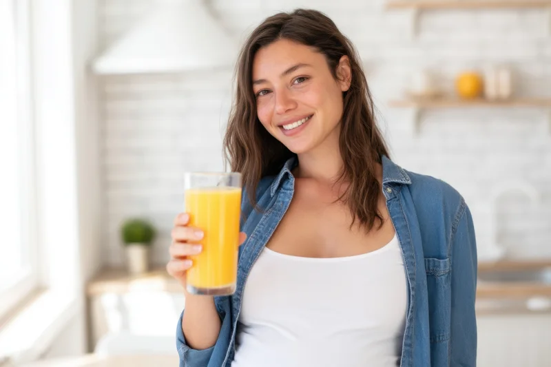 Pregnant woman smiling while holding a glass of orange juice in a bright kitchen