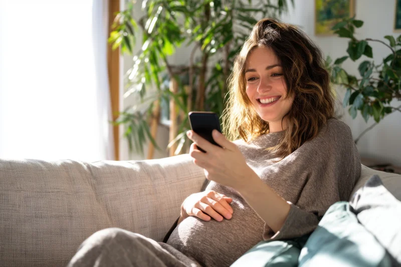 Pregnant woman smiling while using smartphone on couch at home