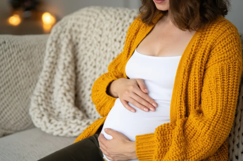 Pregnant woman cradling her belly while sitting on a sofa with a knit blanket nearby