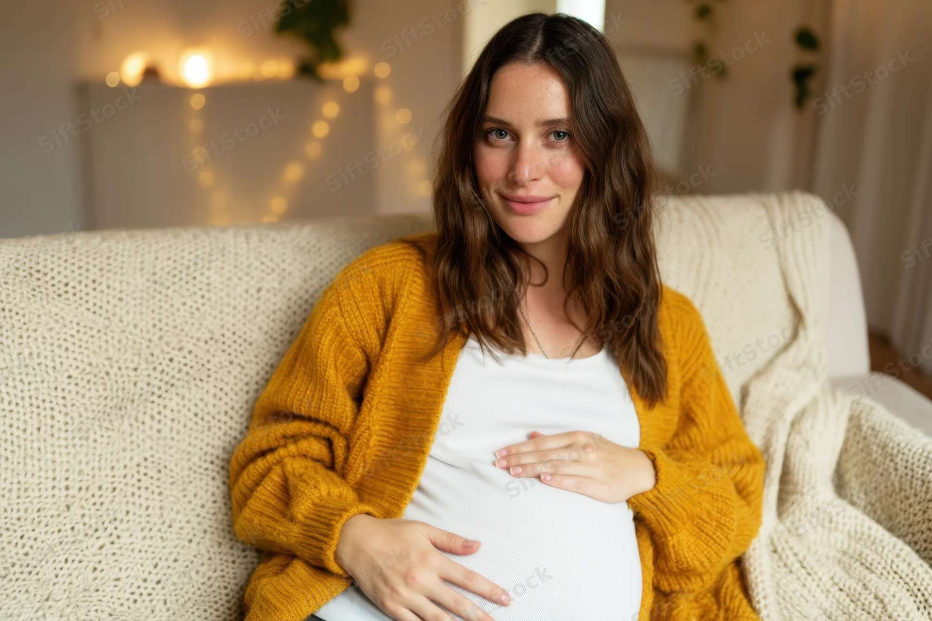 Pregnant woman smiling while resting on a cozy sofa with hands on her belly in a warmly lit living room
