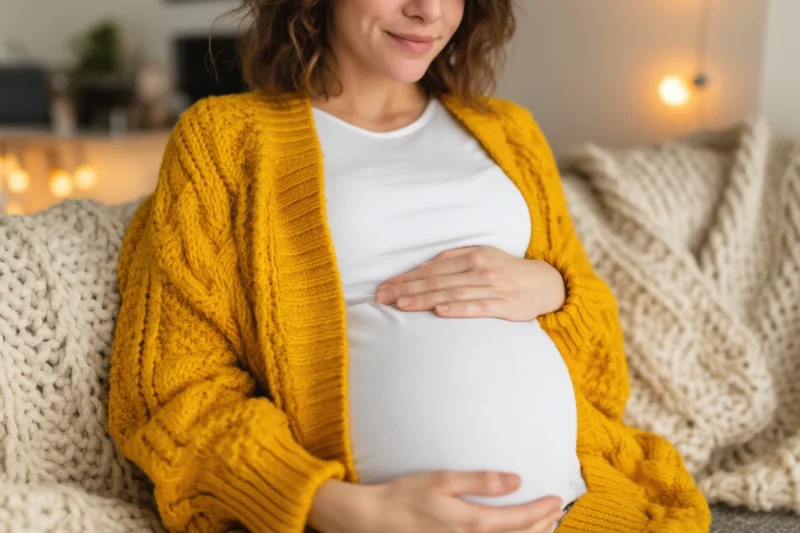 Pregnant woman cradling her belly while sitting on a couch in a cozy home setting