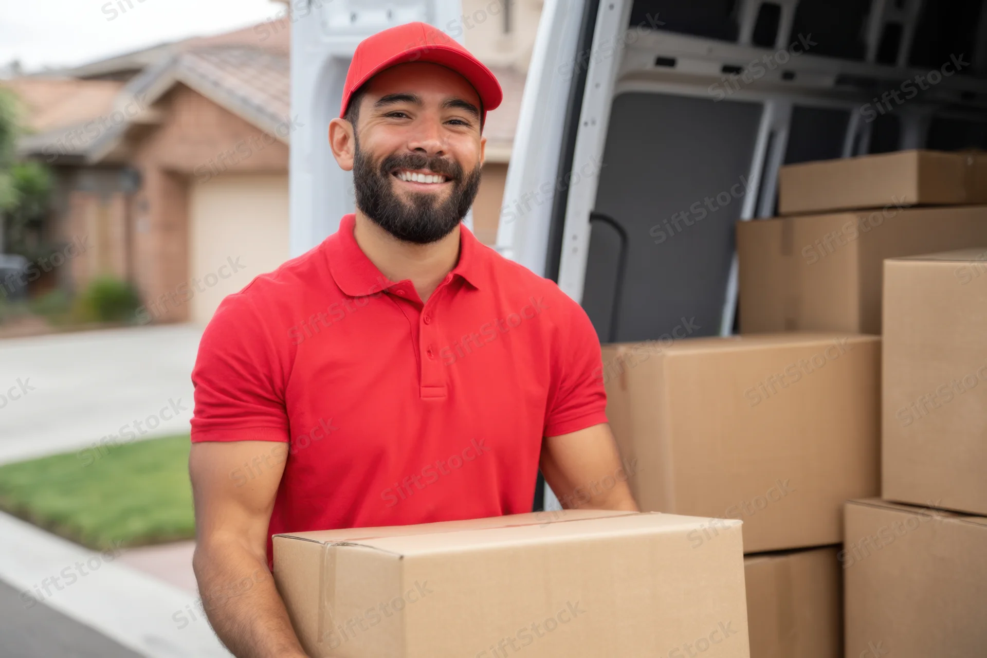 Smiling delivery worker holding a cardboard box in front of a van in a residential area