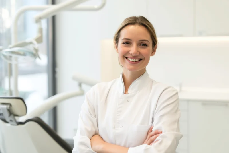 Smiling female dentist with arms crossed in a modern dental clinic