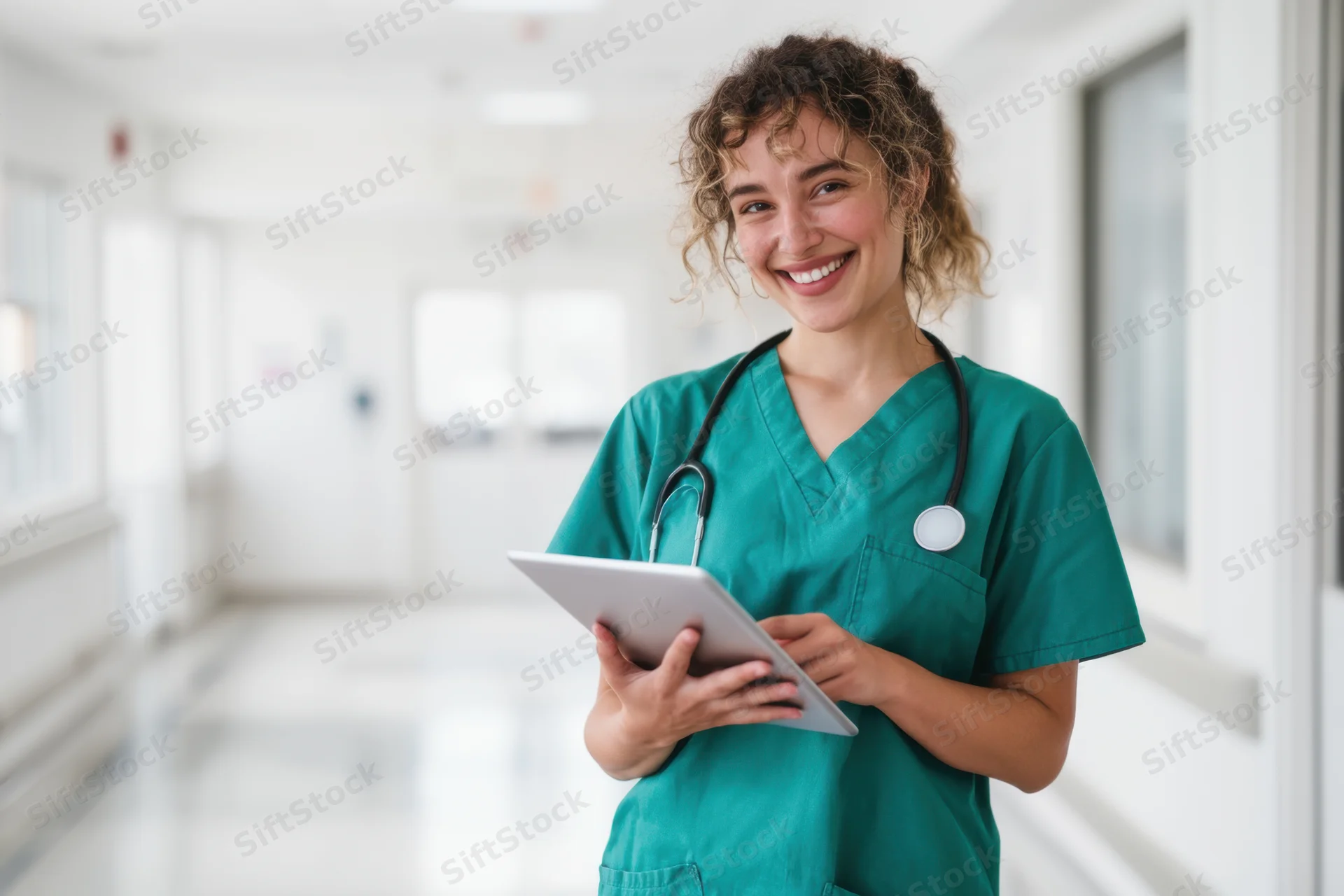 Young woman in teal scrubs holding tablet and smiling in hospital hallway