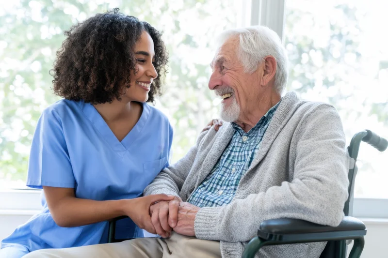 Caregiver holding hands with smiling senior man in wheelchair by window