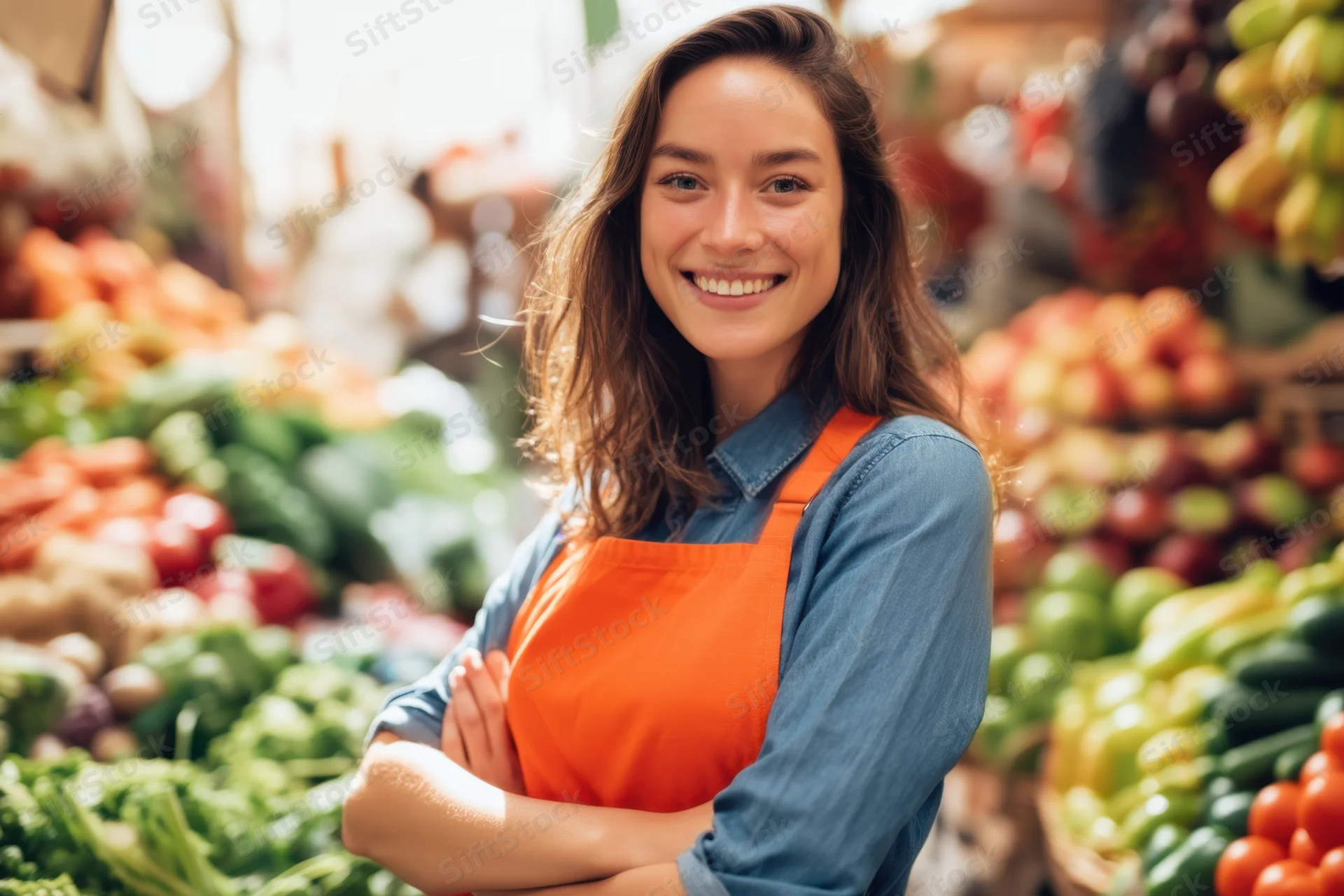 Woman in orange apron smiling with arms crossed in a produce section of a grocery store
