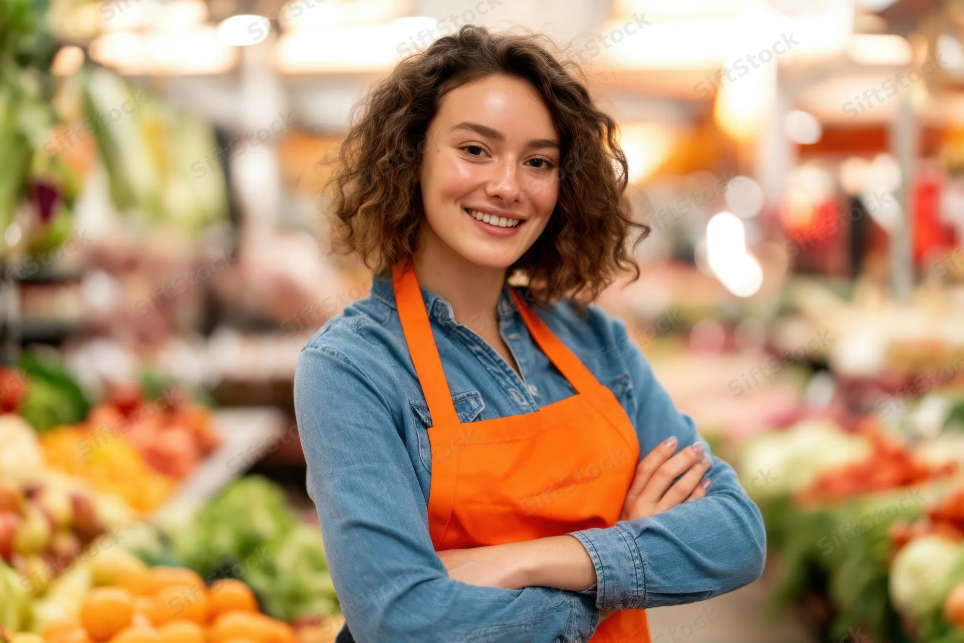 Woman in orange apron smiling with arms crossed in supermarket produce section