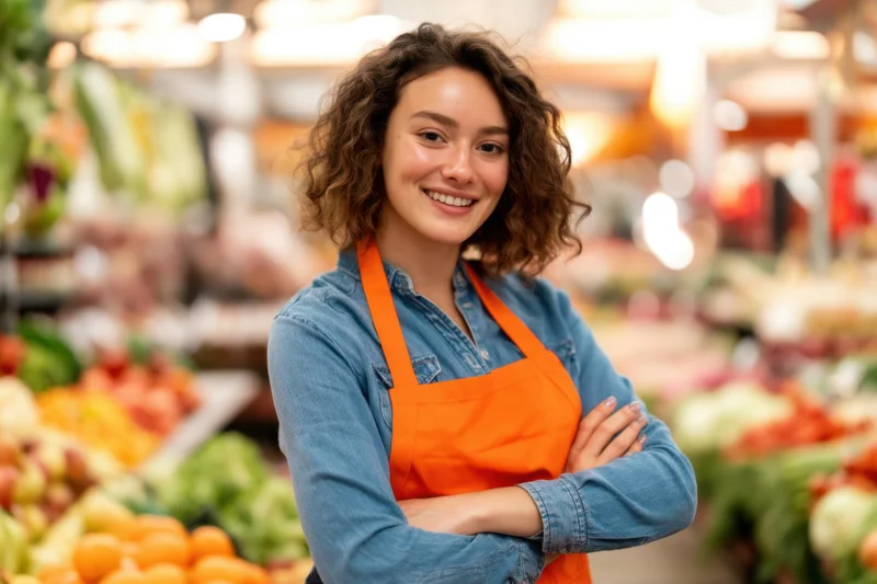 Woman in orange apron smiling with arms crossed in supermarket produce section