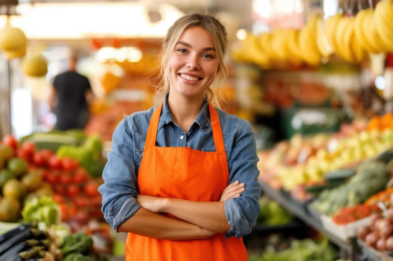 Woman in orange apron smiling with arms crossed in supermarket produce section