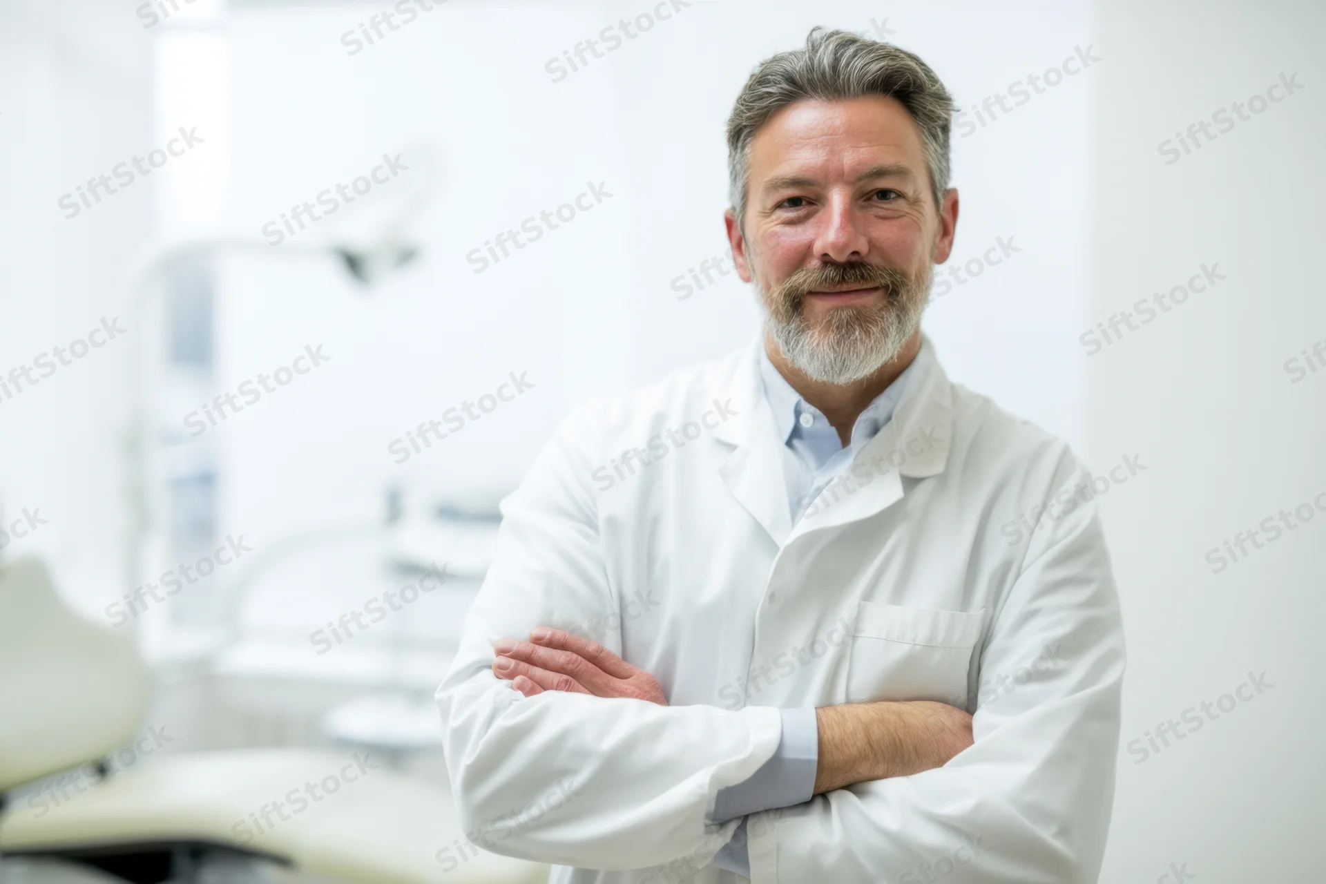 Male dentist in white lab coat with arms crossed smiling in dental clinic