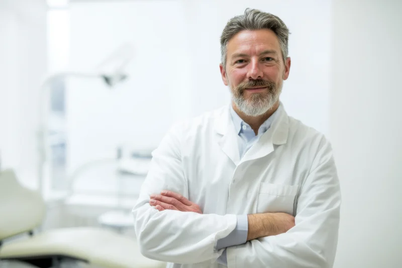 Male dentist in white lab coat with arms crossed smiling in dental clinic
